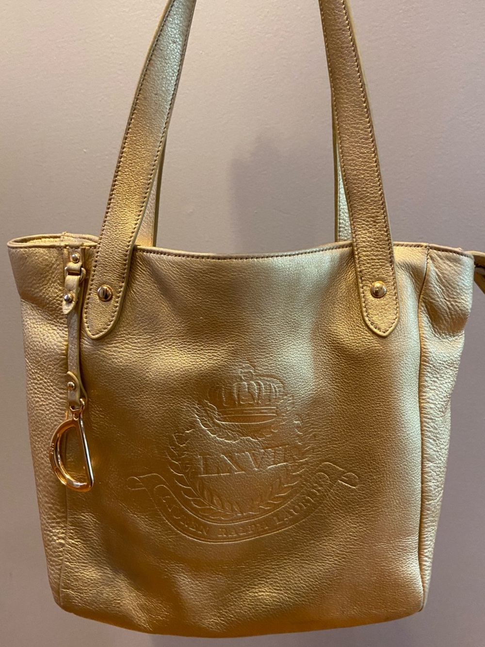 Polo Ralph Lauren Gold Leather Zipper Close Tote Bag / Purse